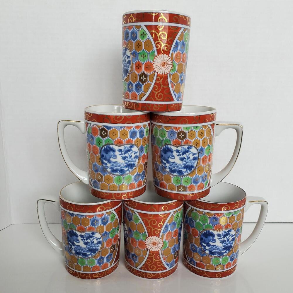 Vintage Kozan Gama Japan Imari Mugs Blue Dragon Phoenix Floral Pattern Set of 6
